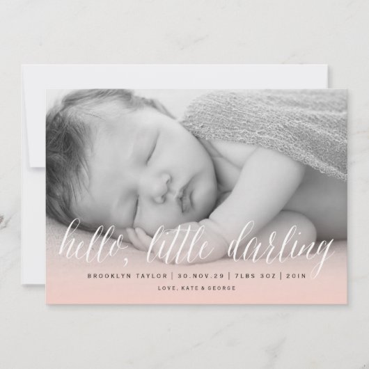 hallo Little Darling Blush Pink Photo Girl Birth Aankondiging (Voorkant)
