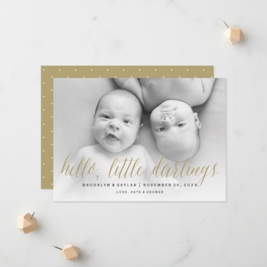 Hallo Little Darlings Gold Script Twin Photo Geboo Aankondiging (Voorkant / Achterkant in situ)