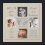 Hallo Little One Baby Four Photo Square Wall klok<br><div class="desc">Creëer een stokje voor je leven met dit "Hallo Little One" fotoontwerp met de naam van je baby, geboortestatistieken, ouders en broers. In het midden staan twee sjabloon regels voor je persoonlijke bericht of je kunt het onze gebruiken. Dit bericht bevindt zich boven en onder in de optionele voetafdrukken van...</div>