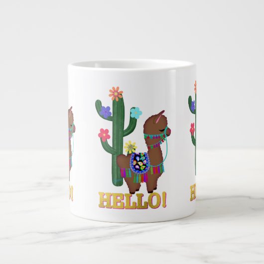 hallo Llama! | Cute Face Brown Llama Grote Koffiekop (Voorkant)