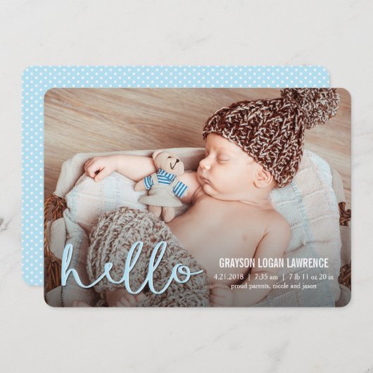 hallo Matige aankondigingen van geboorte BLUE (Voorkant / Achterkant)