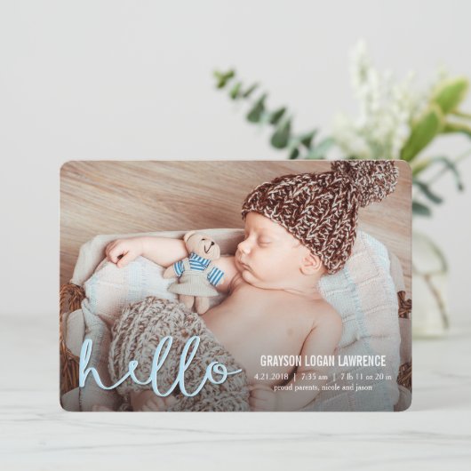 hallo Matige aankondigingen van geboorte BLUE (Staand voorkant)