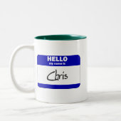 hallo mijn naam is Chris (blauw) Tweekleurige Koffiemok (Links)