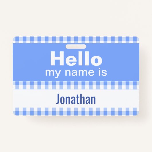 hallo mijn naam is - gingham blauw en wit badge (Voorkant)