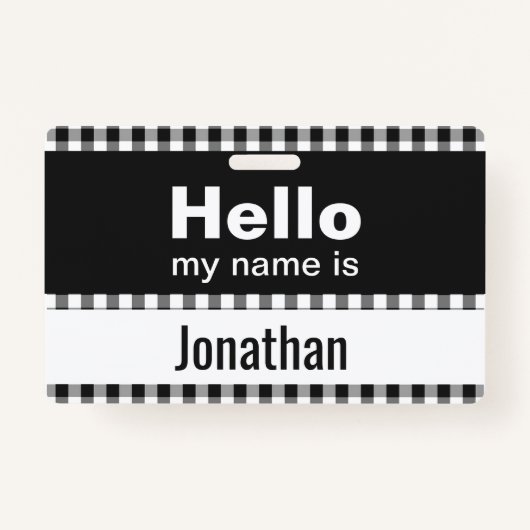 hallo mijn naam is gingham zwart-wit badge (Voorkant)