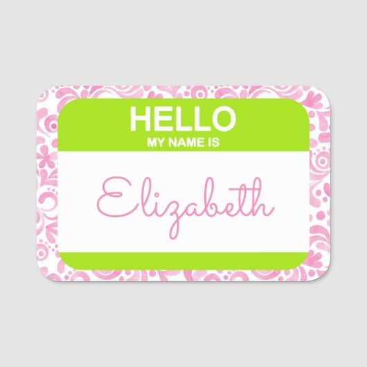 hallo mijn naam is roze witte groene zaken naamplaatje (Voorkant)