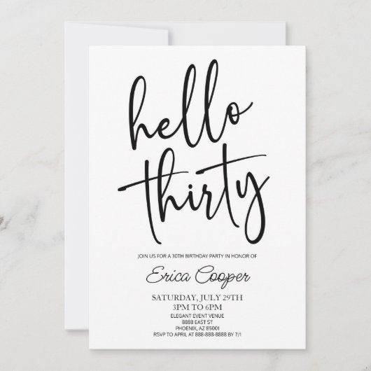 Hallo Minimaal Elegant 30ste Verjaardagsfeest Kaart (Voorkant)