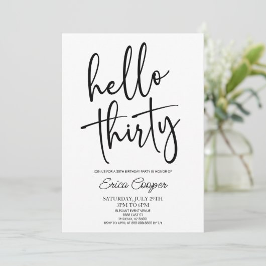Hallo Minimaal Elegant 30ste Verjaardagsfeest Kaart (Staand voorkant)