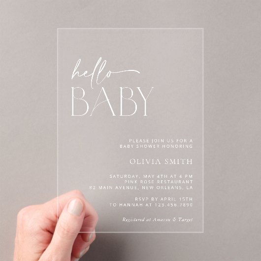 Hallo Minimal Boho, Baby, Modern Baby shower Acryl Uitnodigingen (Insitu (Draagbaar))