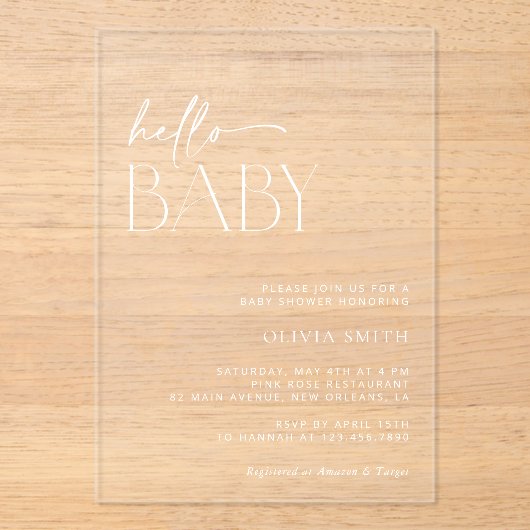 Hallo Minimal Boho, Baby, Modern Baby shower Acryl Uitnodigingen (Voorkant)