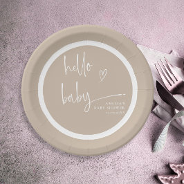 Hallo Minimalistisch Beige Modern Baby Baby shower Papieren Bordje