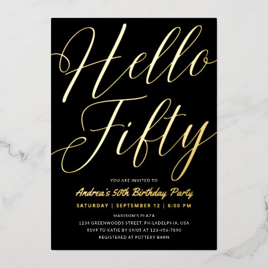 Hallo Minimalistisch script Zwart Folie Uitnodiging (Voorkant)