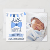 hallo Mister Blue Bow Stropdas Photo Boy Birth Aankondiging (Voorkant)