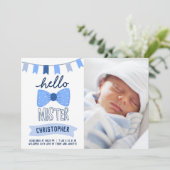 hallo Mister Blue Bow Stropdas Photo Boy Birth Aankondiging (Staand voorkant)