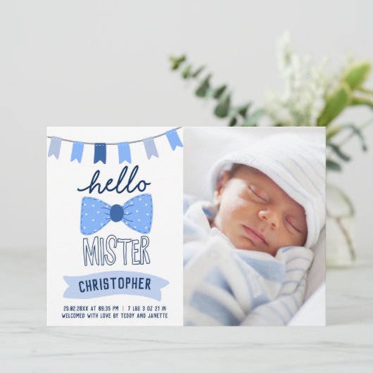 hallo Mister Blue Bow Stropdas Photo Boy Birth Aankondiging (Staand voorkant)