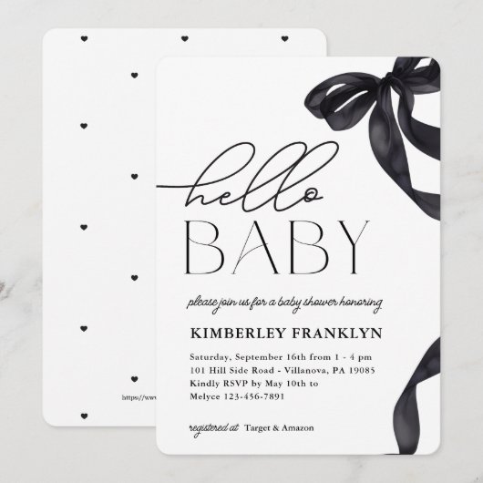 Hallo Modern Baby Bow Baby shower Invitation Kaart (Voorkant / Achterkant)