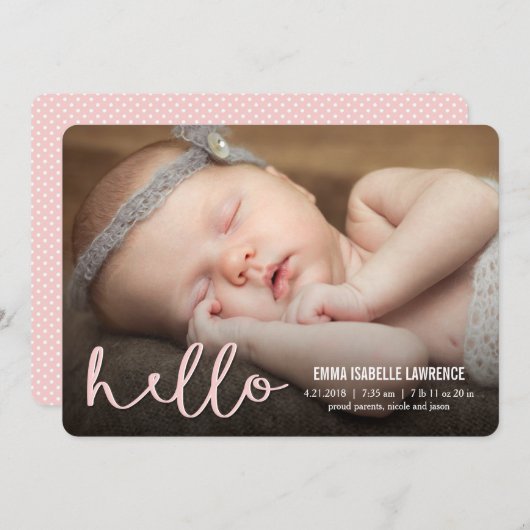 hallo Modern Birth Announements PINK Aankondiging (Voorkant / Achterkant)