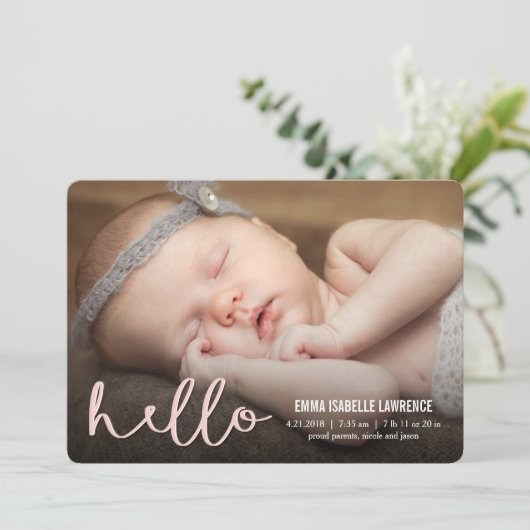 hallo Modern Birth Announements PINK Aankondiging (Staand voorkant)