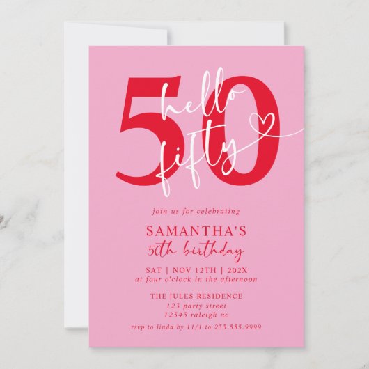 Hallo Modern Elegant Roze Rood 50ste Verjaardagsfe Kaart (Voorkant)