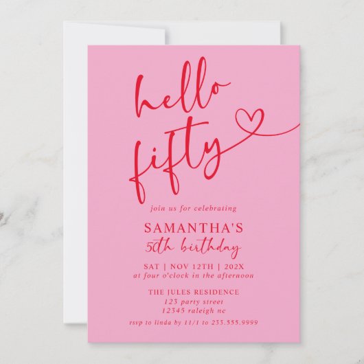 Hallo Modern Elegant Roze Rood 50ste Verjaardagsfe Kaart (Voorkant)