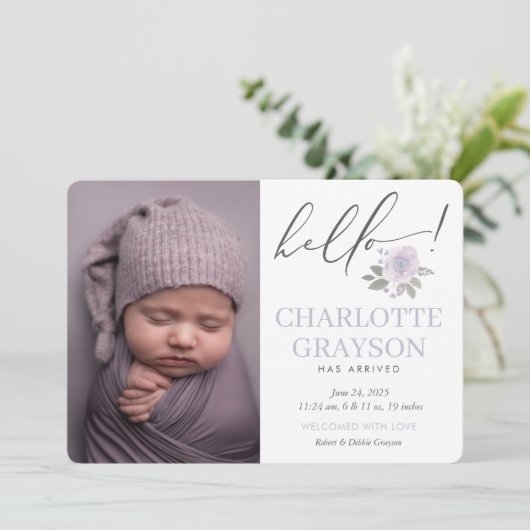 Hallo Modern Foto Baby Geboorteaankondiging Kaart (Staand voorkant)