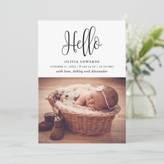 Hallo Modern minimalistisch script. Foto van pasge Aankondiging (Staand voorkant)