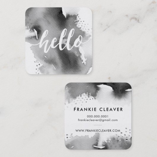 HALLO MODERN SCRIPT waterverf splash grijs Vierkante Visitekaartje (Voorkant / Achterkant)