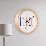 Hallo moderne gestreepte kleurrijke typografie ronde klok<br><div class="desc">Trendy marineklok,  sinaasappel,  lila,  paarsste HALLO en witte wandklok met kleurrijke verticale strepen.</div>