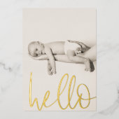 Hallo Moderne tekst Foto Baby Folie Uitnodiging (Voorkant)