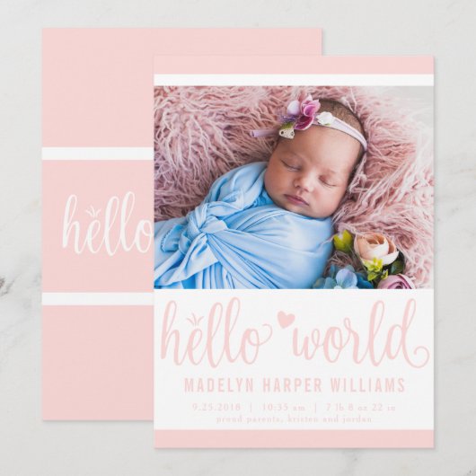 Hallo Moderne wereld Foto Blush Roze Geboorte Stat Aankondiging (Voorkant / Achterkant)