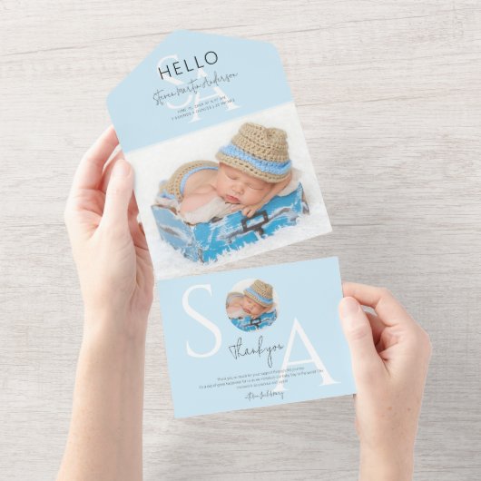 Hallo Monogram Foto jongen geboorte aankondiging (Afscheurbaar)