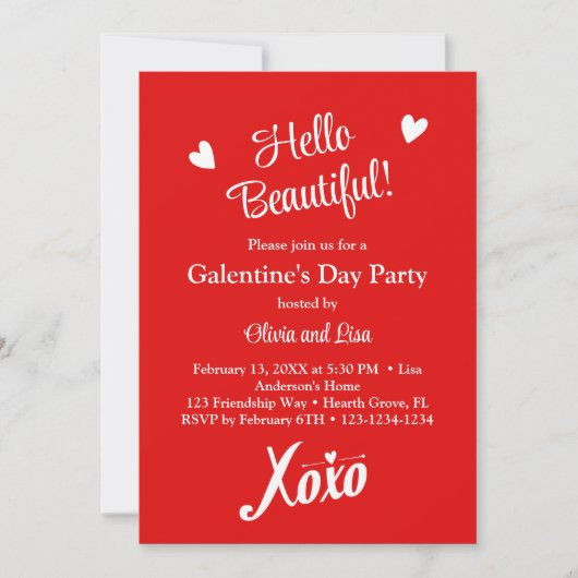 Hallo Mooi! Red XOXO Galentine's Day Party Kaart (Voorkant)