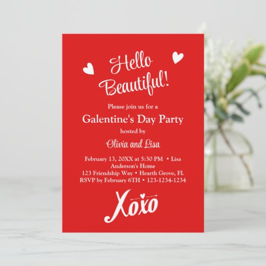 Hallo Mooi! Red XOXO Galentine's Day Party Kaart (Staand voorkant)