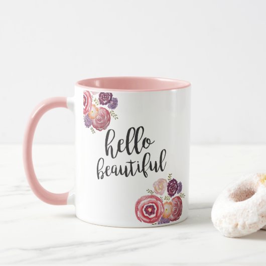 Hallo Mooie Flower Quote Coffee Mok (Met donut)