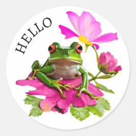 Hallo! Mooie kikker of pad op roze bloemen Ronde Sticker
