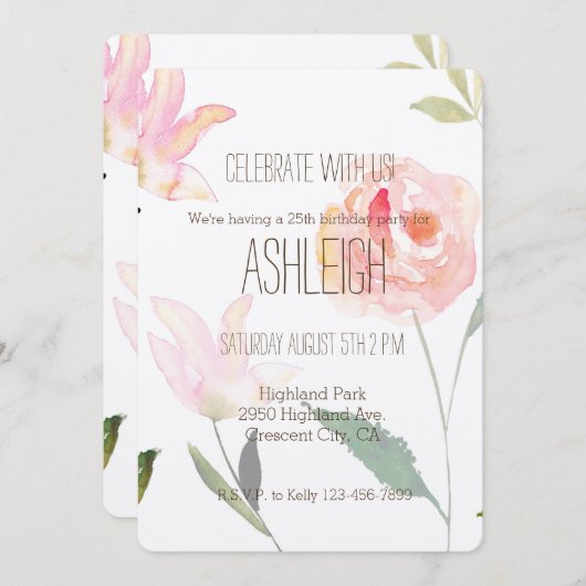 Hallo Mooie Waterverf Bloemenverjaardag Kaart (Voorkant / Achterkant)