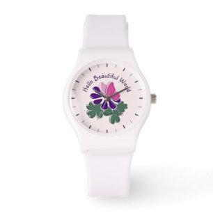 Hallo Mooie wereld roze vlinder Paarse bloem Horloge
