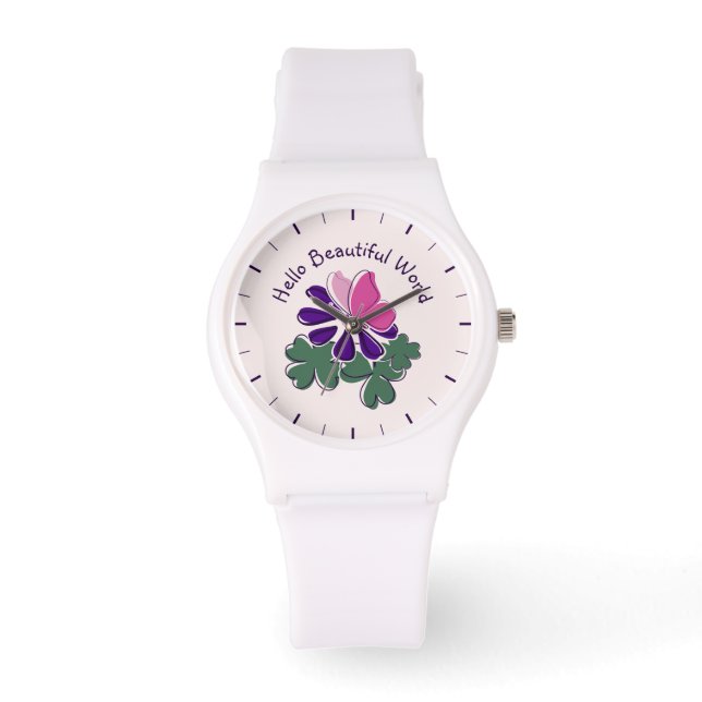 Hallo Mooie wereld roze vlinder Paarse bloem Horloge (Voorkant)