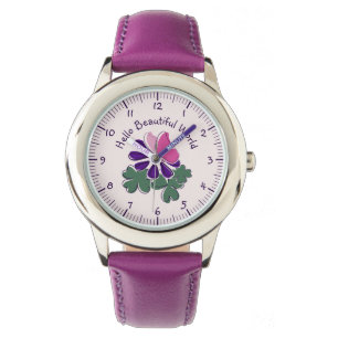 Hallo Mooie wereld roze vlinder Paarse bloem Horloge