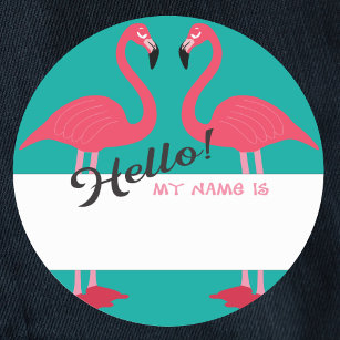 hallo naam tag met roze flamingo en blauwgroen ronde sticker