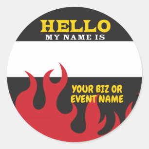 hallo naam tag voor barbecue event met vlammen ronde sticker