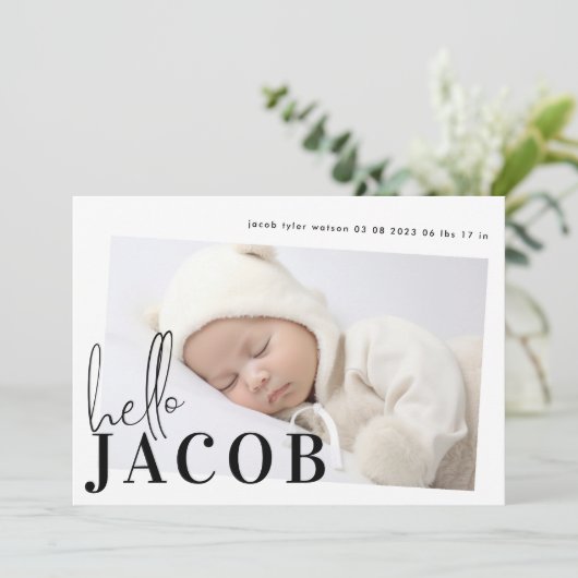 Hallo Naam zwarte minimalistische foto Baby Aankondiging (Staand voorkant)