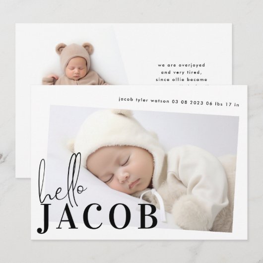 Hallo Naam zwarte minimalistische foto Baby Aankondiging (Voorkant / Achterkant)