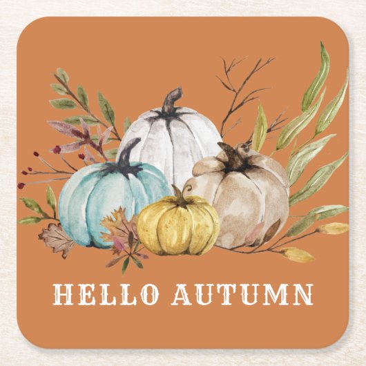 hallo najaar Waterverf Pumpkins Rust Sinaasappel Kartonnen Onderzetters (Voorkant)