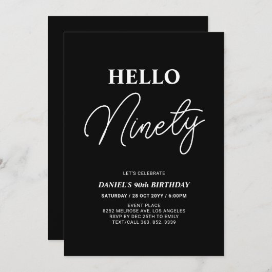 Hallo negentig | Wit op zwart 90ste verjaardagsfee Kaart (Voorkant / Achterkant)