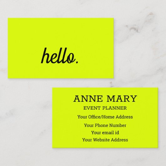 Hallo Neon Chartreuse Geel Kleurrijke Typografie Visitekaartje (Voorkant / Achterkant)