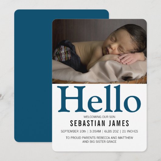 hallo New Baby Blue op maat Aankondiging (Voorkant / Achterkant)