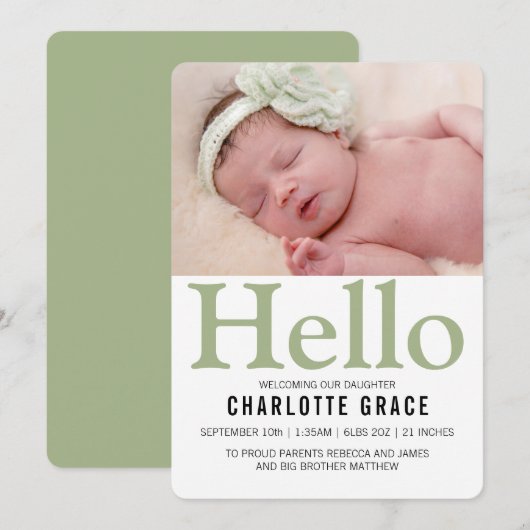 hallo New Baby Green op maat Aankondiging (Voorkant / Achterkant)