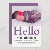hallo New Baby Paars Personalized Aankondiging (Voorkant / Achterkant)