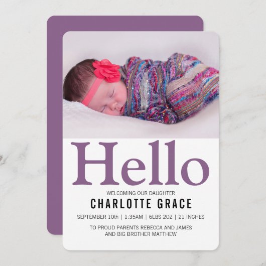 hallo New Baby Paars Personalized Aankondiging (Voorkant / Achterkant)